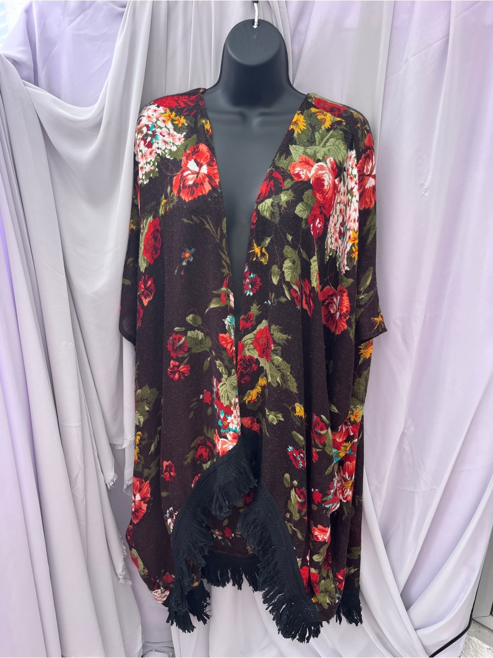 MIA Floral Fringe Kimono Cardigan - Brown, Red, Green